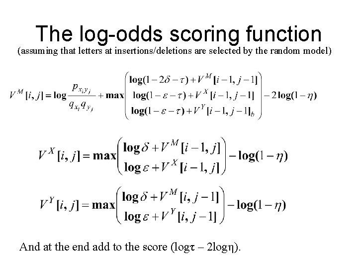 The log-odds scoring function (assuming that letters at insertions/deletions are selected by the random