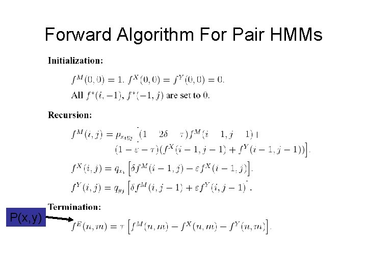 Forward Algorithm For Pair HMMs P(x, y) 