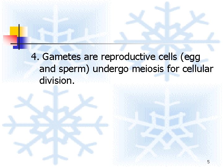 4. Gametes are reproductive cells (egg and sperm) undergo meiosis for cellular division. 5 4. Gametes are reproductive cells (egg and sperm) undergo meiosis for cellular division. 5