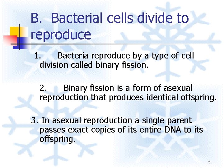 B. Bacterial cells divide to reproduce 1. Bacteria reproduce by a type of cell B. Bacterial cells divide to reproduce 1. Bacteria reproduce by a type of cell