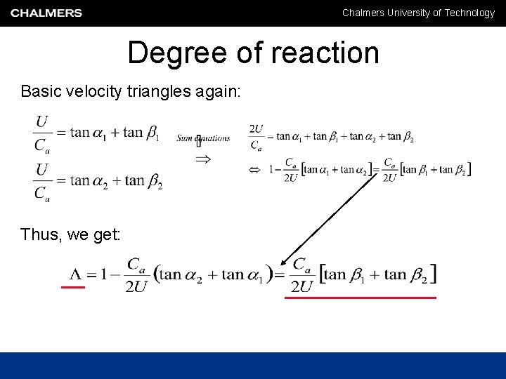 Chalmers University of Technology Degree of reaction Basic velocity triangles again: Thus, we get: