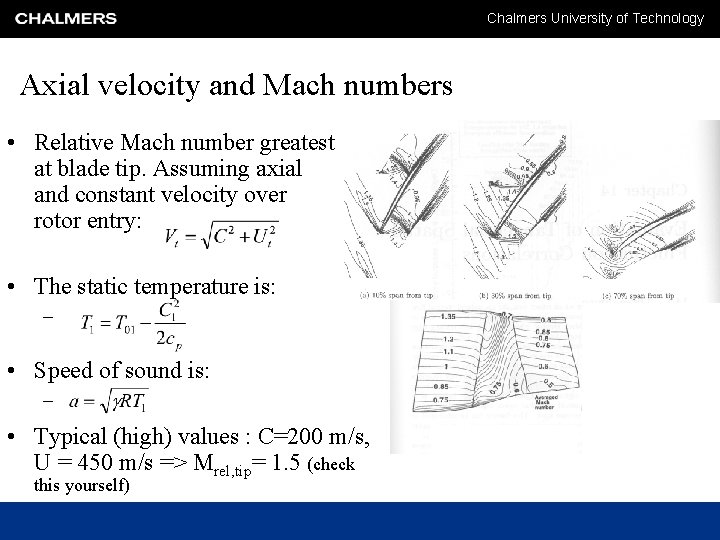 Chalmers University of Technology Axial velocity and Mach numbers • Relative Mach number greatest