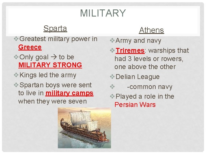 MILITARY Sparta v. Greatest military power in Greece v. Only goal to be MILITARY