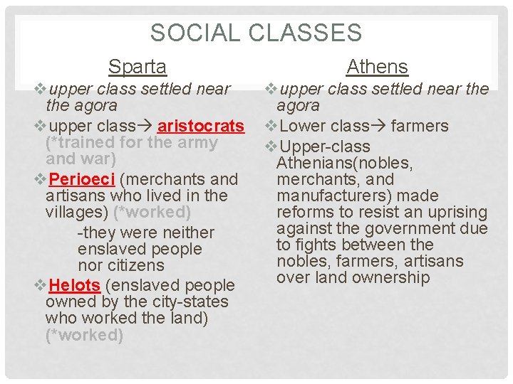 SOCIAL CLASSES Sparta Athens vupper class settled near the agora vupper class aristocrats (*trained