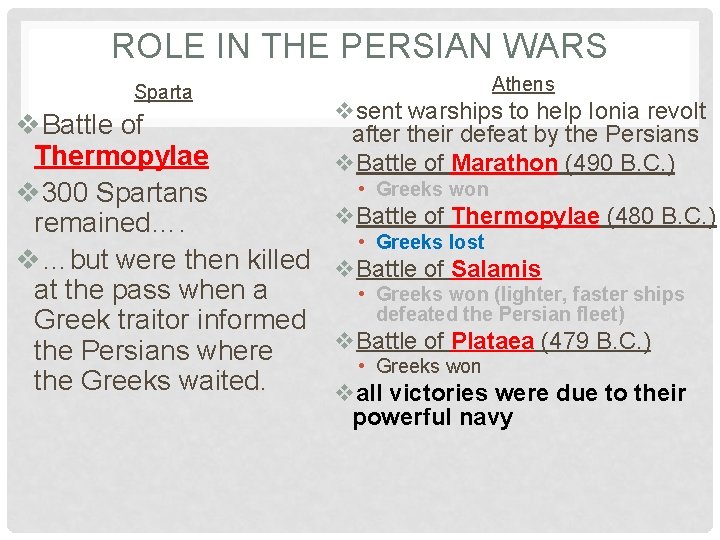 ROLE IN THE PERSIAN WARS Sparta v. Battle of Thermopylae v 300 Spartans remained….