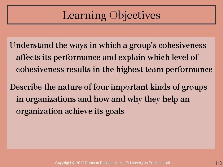 Learning Objectives Understand the ways in which a group’s cohesiveness affects its performance and