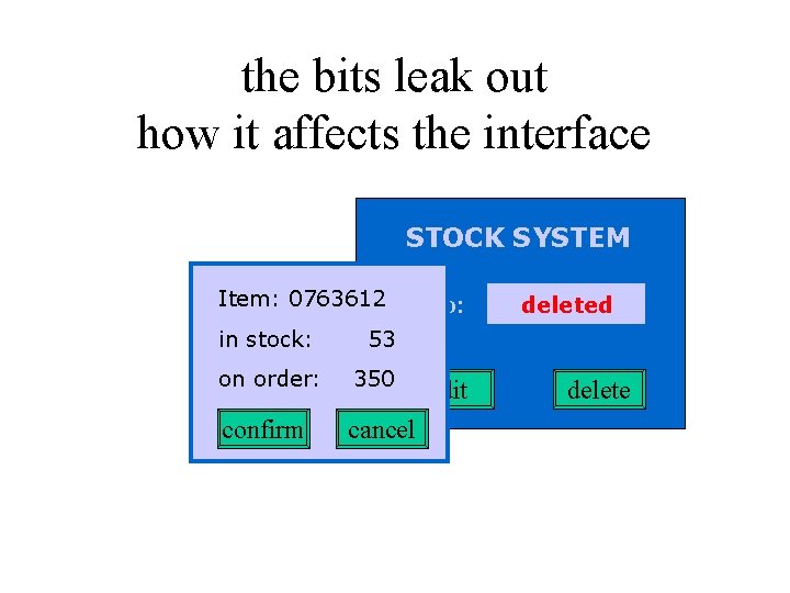 the bits leak out how it affects the interface STOCK SYSTEM Item: 0763612 ref
