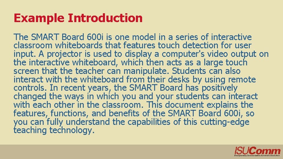Example Introduction The SMART Board 600 i is one model in a series of