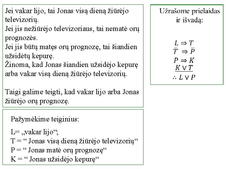 Jei vakar lijo, tai Jonas visą dieną žiūrėjo televizorių. Jei jis nežiūrėjo televizoriaus, tai