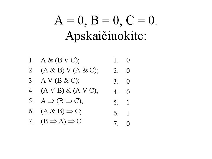 A = 0, B = 0, C = 0. Apskaičiuokite: 1. 2. 3. 4.