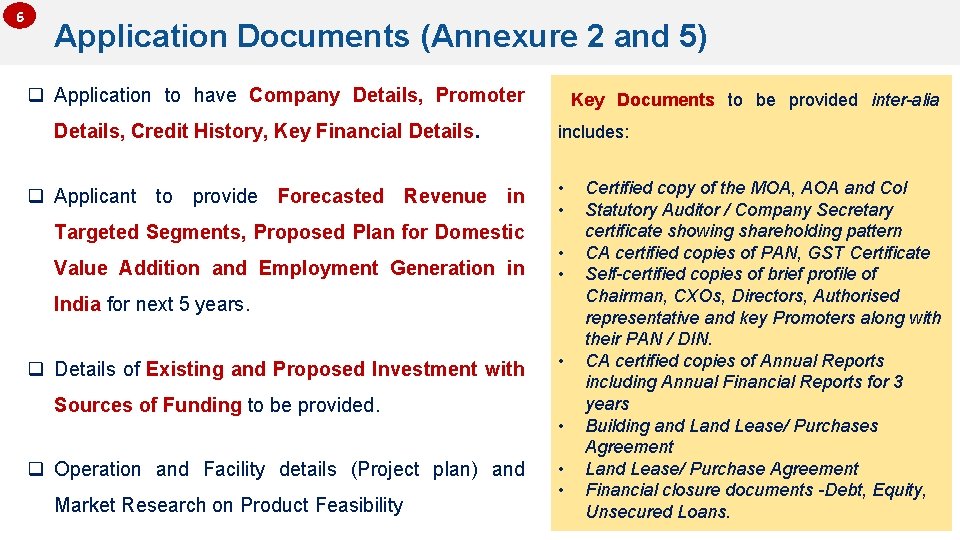 6 Application Documents (Annexure 2 and 5) q Application to have Company Details, Promoter