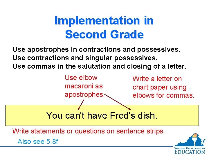 Implementation in Second Grade Use apostrophes in contractions and possessives. Use contractions and singular