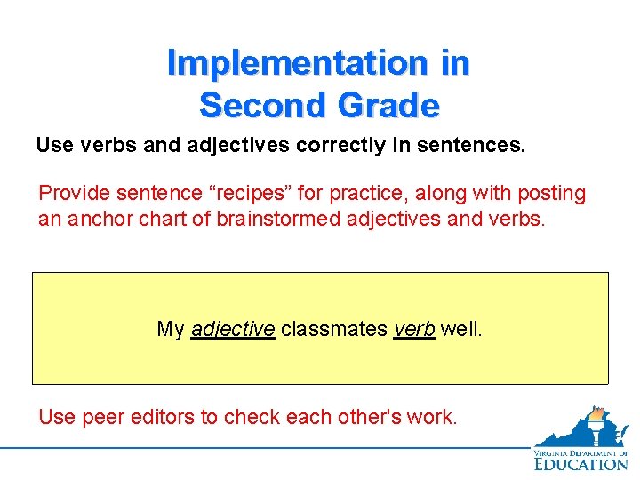 Implementation in Second Grade Use verbs and adjectives correctly in sentences. Provide sentence “recipes”