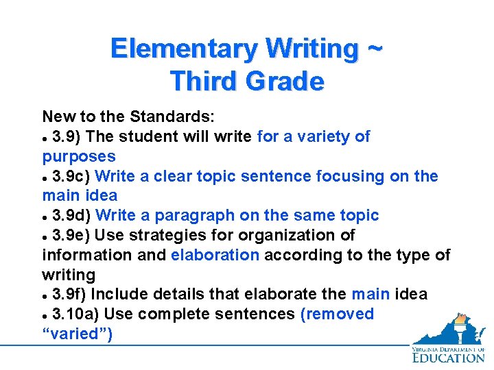 Elementary Writing ~ Third Grade New to the Standards: 3. 9) The student will