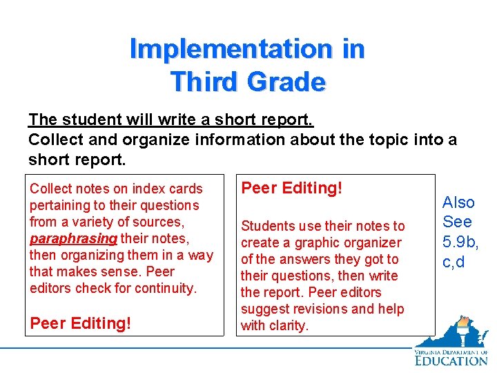 Implementation in Third Grade The student will write a short report. Collect and organize