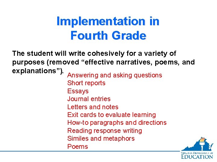 Implementation in Fourth Grade The student will write cohesively for a variety of purposes