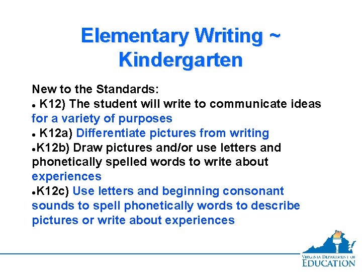 Elementary Writing ~ Kindergarten New to the Standards: K 12) The student will write