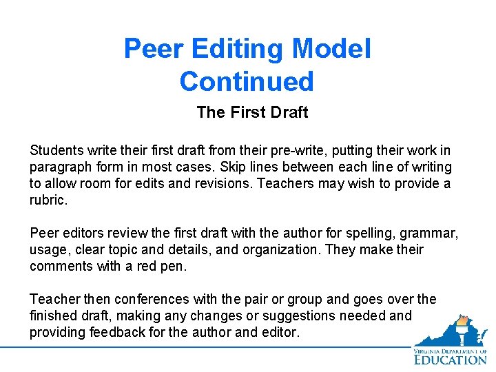 Peer Editing Model Continued The First Draft Students write their first draft from their