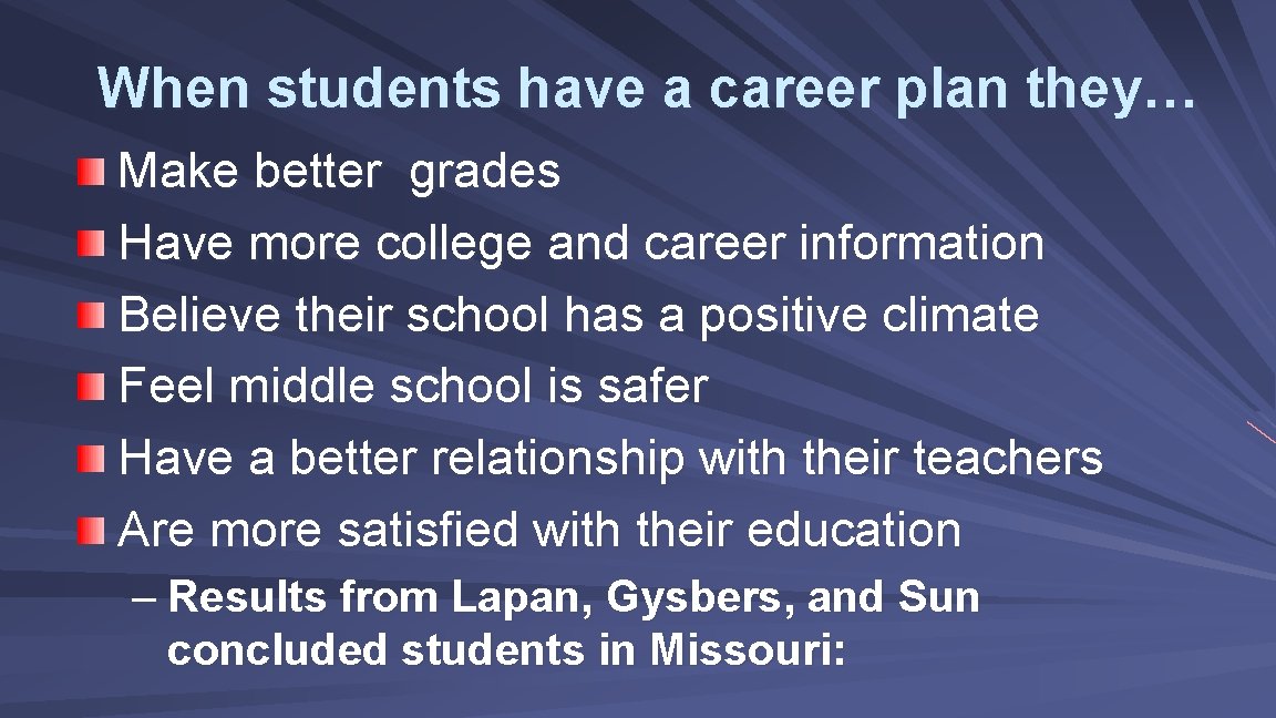 When students have a career plan they… Make better grades Have more college and