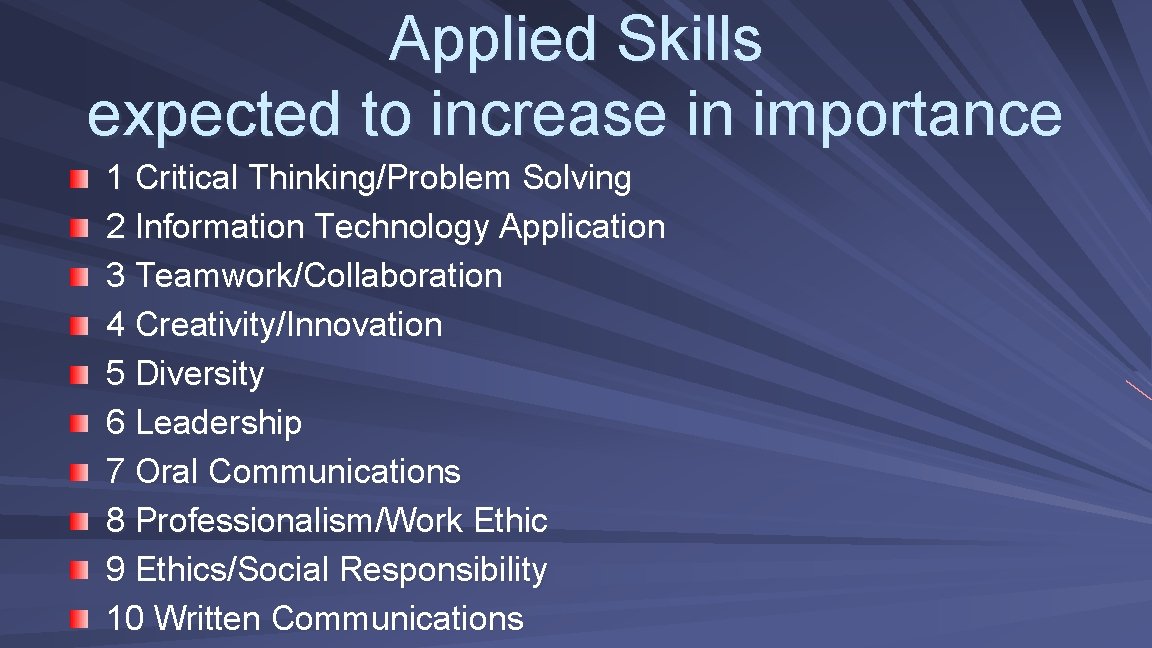 Applied Skills expected to increase in importance 1 Critical Thinking/Problem Solving 2 Information Technology