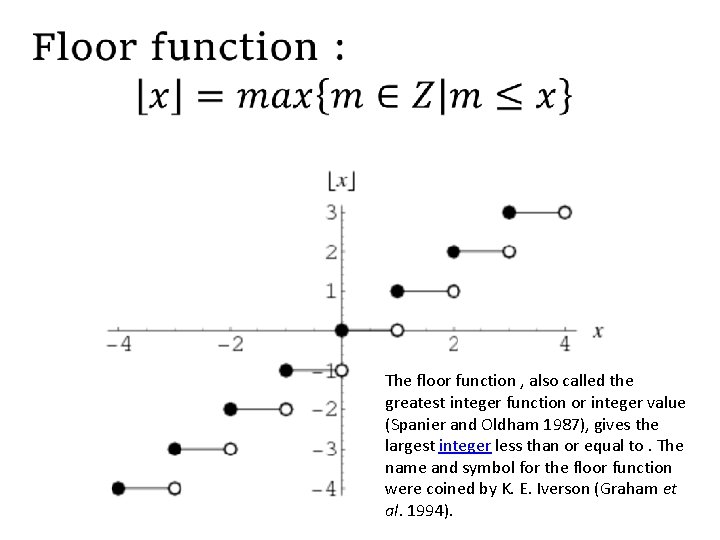 The floor function , also called the greatest integer function or integer value (Spanier