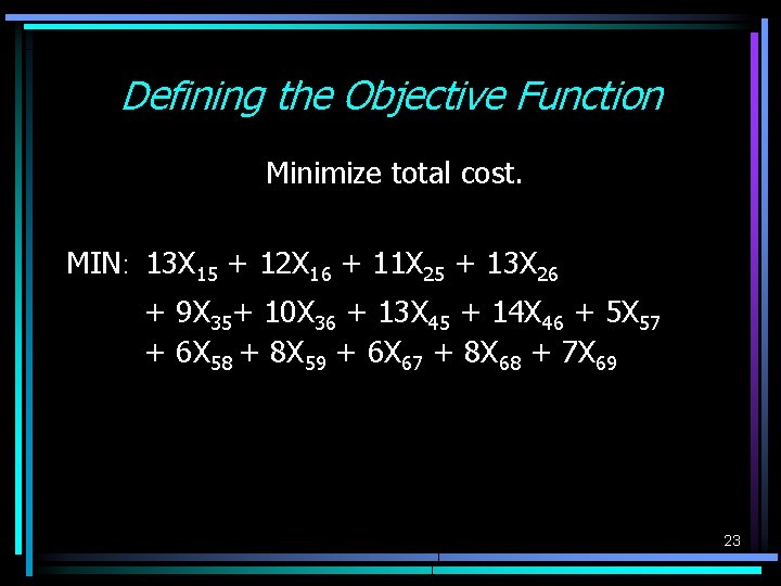 Defining the Objective Function Minimize total cost. MIN: 13 X 15 + 12 X Defining the Objective Function Minimize total cost. MIN: 13 X 15 + 12 X
