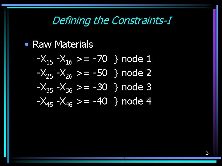 Defining the Constraints-I • Raw Materials -X 15 -X 16 >= -70 -X 25 Defining the Constraints-I • Raw Materials -X 15 -X 16 >= -70 -X 25