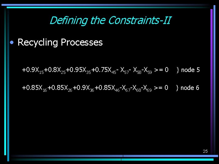 Defining the Constraints-II • Recycling Processes +0. 9 X 15+0. 8 X 25+0. 95 Defining the Constraints-II • Recycling Processes +0. 9 X 15+0. 8 X 25+0. 95