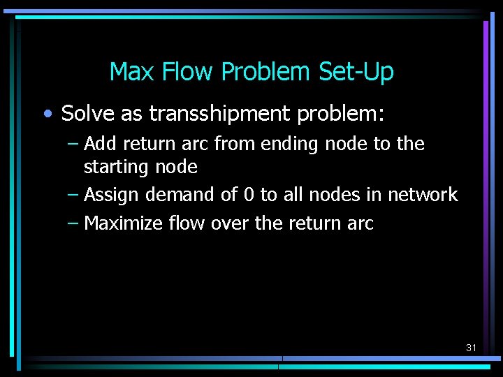 Max Flow Problem Set-Up • Solve as transshipment problem: – Add return arc from Max Flow Problem Set-Up • Solve as transshipment problem: – Add return arc from