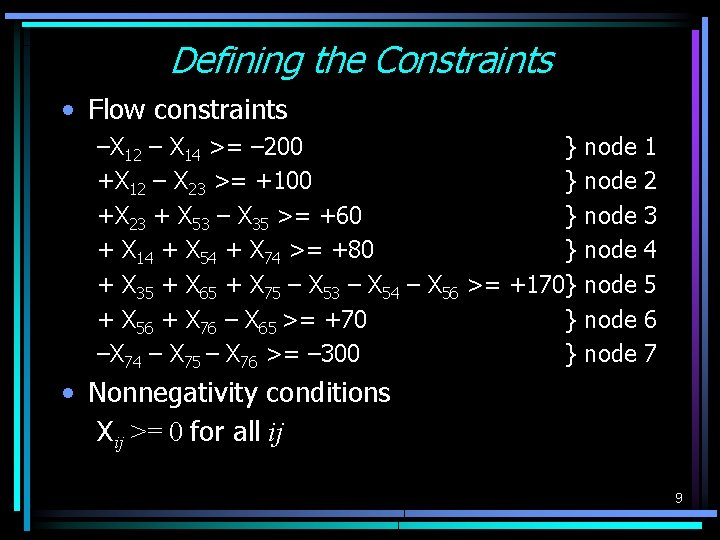 Defining the Constraints • Flow constraints –X 12 – X 14 >= – 200 Defining the Constraints • Flow constraints –X 12 – X 14 >= – 200