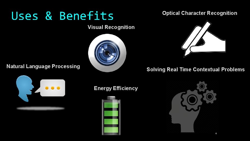 Uses & Benefits Optical Character Recognition Visual Recognition Natural Language Processing Solving Real Time
