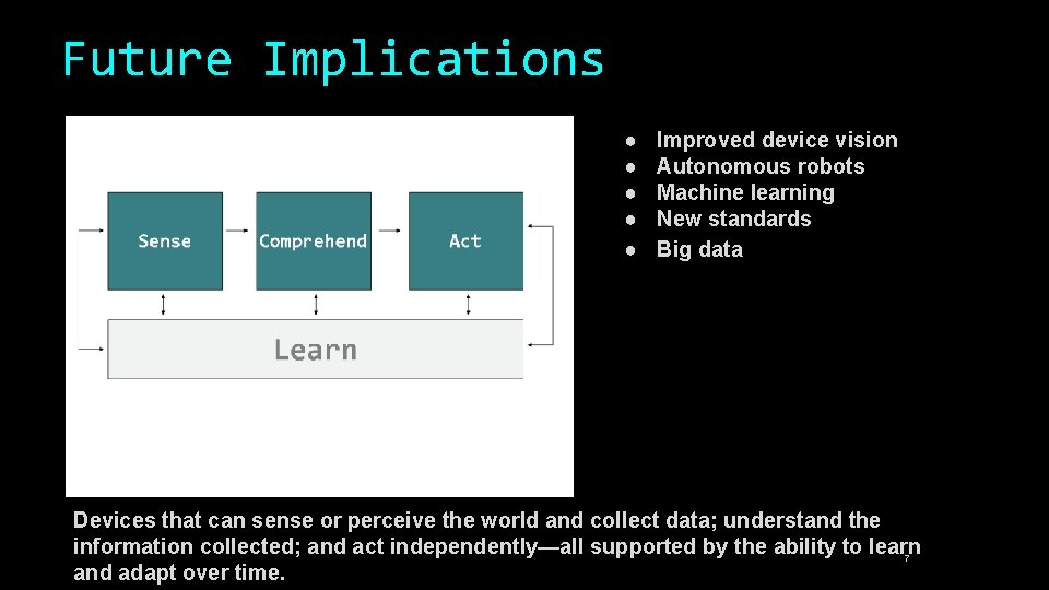 Future Implications ● ● ● Improved device vision Autonomous robots Machine learning New standards