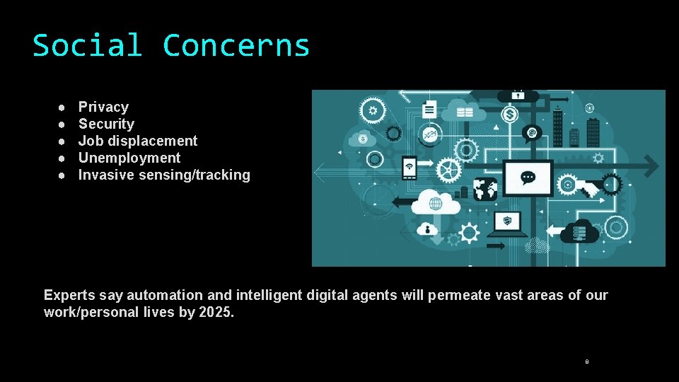 Social Concerns ● ● ● Privacy Security Job displacement Unemployment Invasive sensing/tracking Experts say