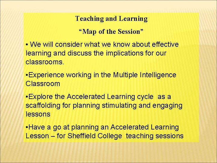 Teaching and Learning “Map of the Session” • We will consider what we know