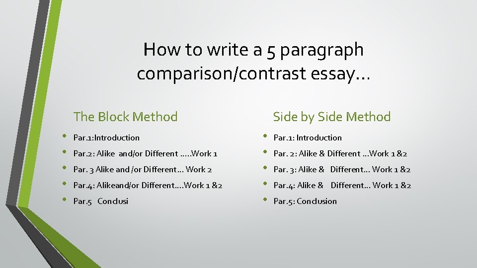 How to write a 5 paragraph comparison/contrast essay… The Block Method • • •