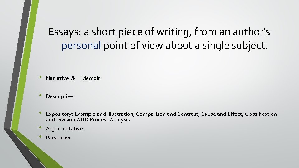 Essays: a short piece of writing, from an author's personal point of view about