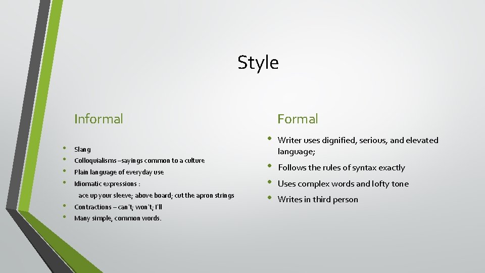 Style Informal • • Slang Colloquialisms –sayings common to a culture Plain language of