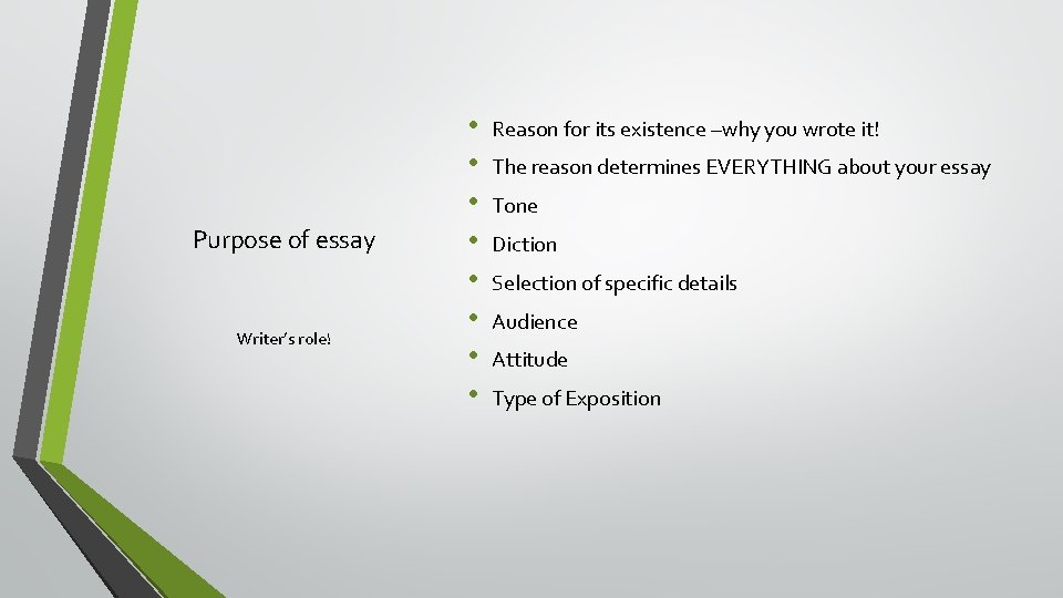 Purpose of essay Writer’s role! • • Reason for its existence –why you wrote