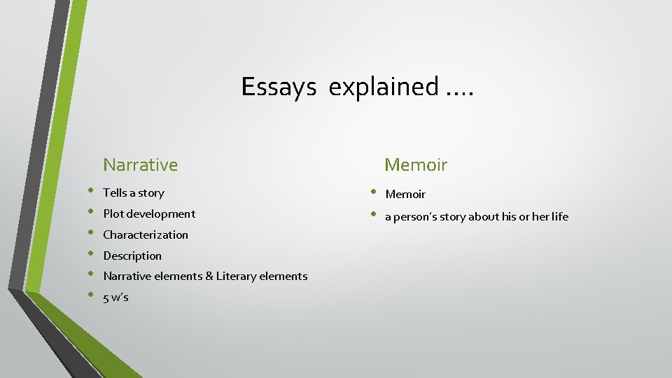 Essays explained …. Narrative • • • Tells a story Plot development Characterization Description