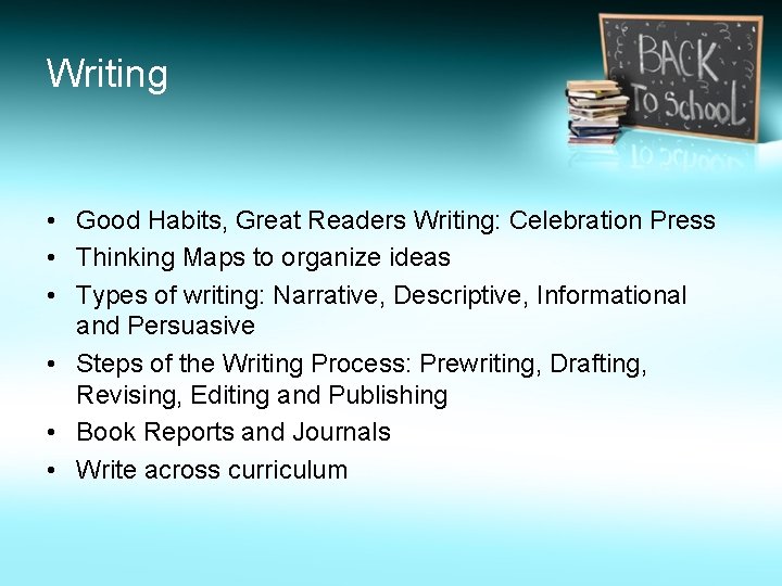 Writing • Good Habits, Great Readers Writing: Celebration Press • Thinking Maps to organize