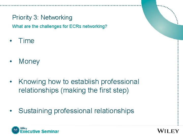 Priority 3: Networking What are the challenges for ECRs networking? • Time • Money