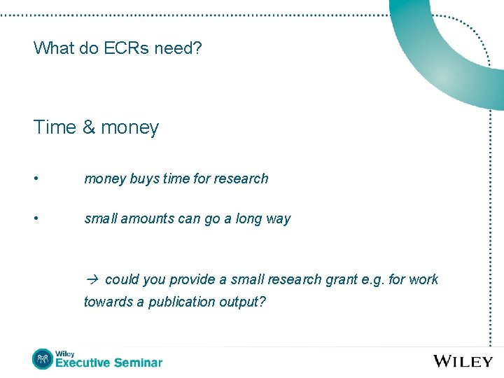 What do ECRs need? Time & money • money buys time for research •