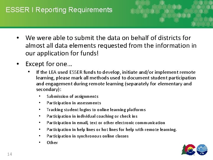 ESSER I Reporting Requirements • We were able to submit the data on behalf