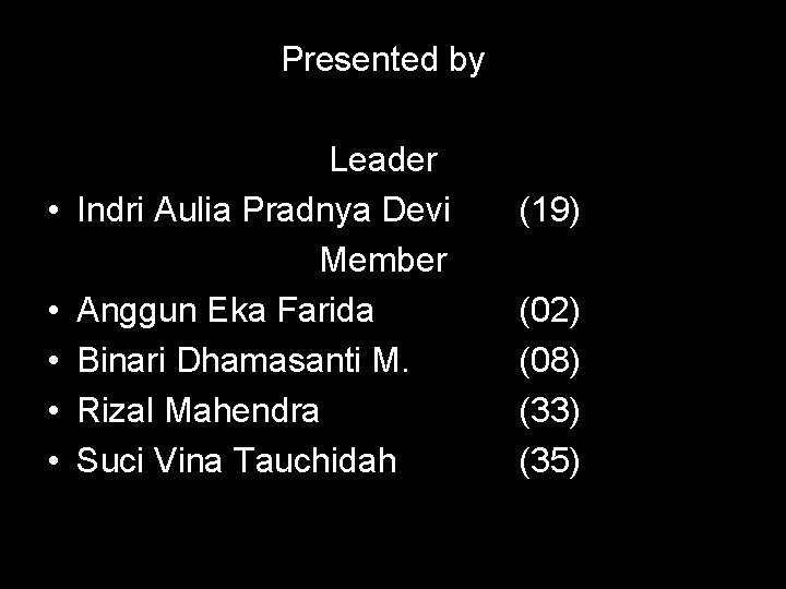 Presented by • • • Leader Indri Aulia Pradnya Devi Member Anggun Eka Farida