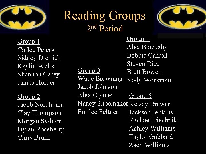 Reading Groups 2 nd Period Group 1 Carlee Peters Sidney Dietrich Kaylin Wells Shannon