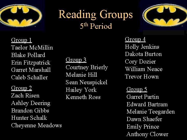 Reading Groups 5 th Period Group 1 Taelor Mc. Millin Blake Pollard Erin Fitzpatrick