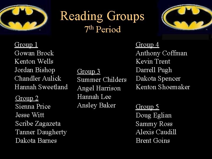 Reading Groups 7 th Period Group 1 Gowan Brock Kenton Wells Jordan Bishop Chandler