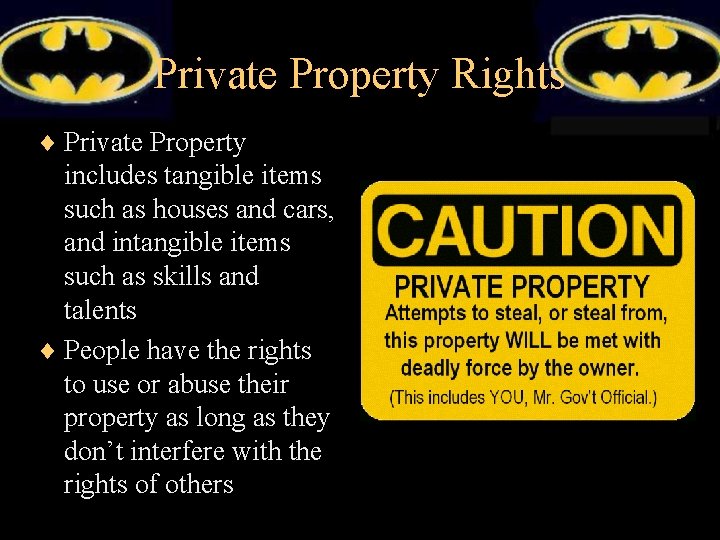 Private Property Rights ¨ Private Property includes tangible items such as houses and cars,