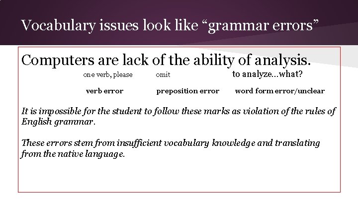 Vocabulary issues look like “grammar errors” Computers are lack of the ability of analysis. Vocabulary issues look like “grammar errors” Computers are lack of the ability of analysis.