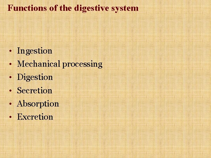 Functions of the digestive system • Ingestion • Mechanical processing • Digestion • Secretion Functions of the digestive system • Ingestion • Mechanical processing • Digestion • Secretion